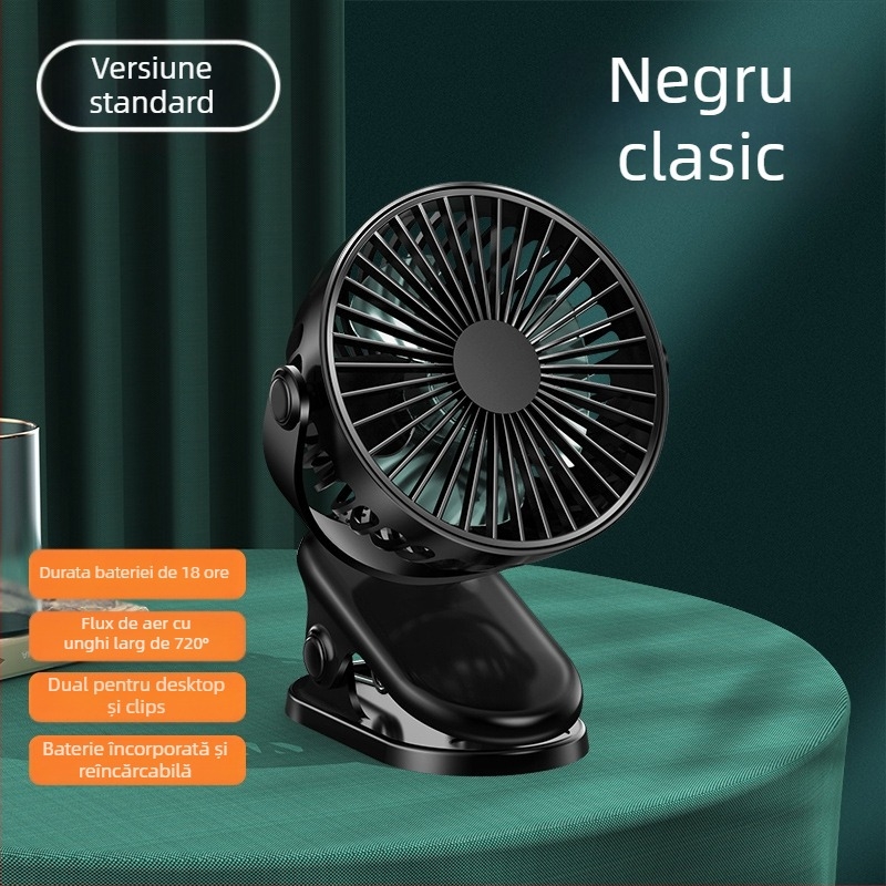 Ventilator tip clip USB cu baterie încorporată, 3 trepte, 3 palete