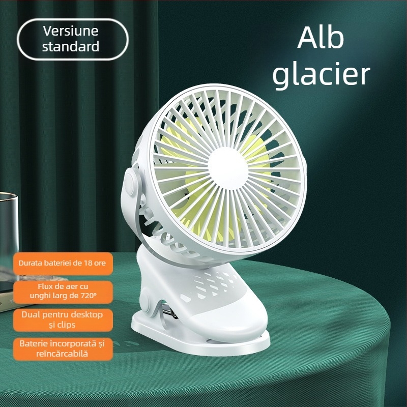 Ventilator tip clip USB cu baterie încorporată, 3 trepte, 3 palete