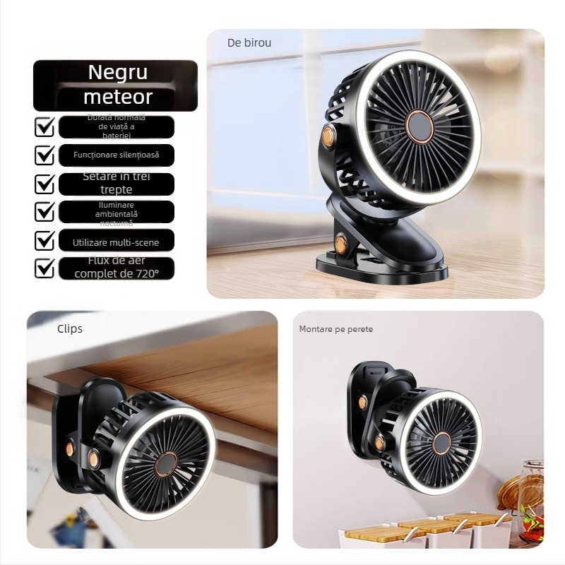 Ventilator tip clip USB cu baterie încorporată, 3 trepte, 3 palete