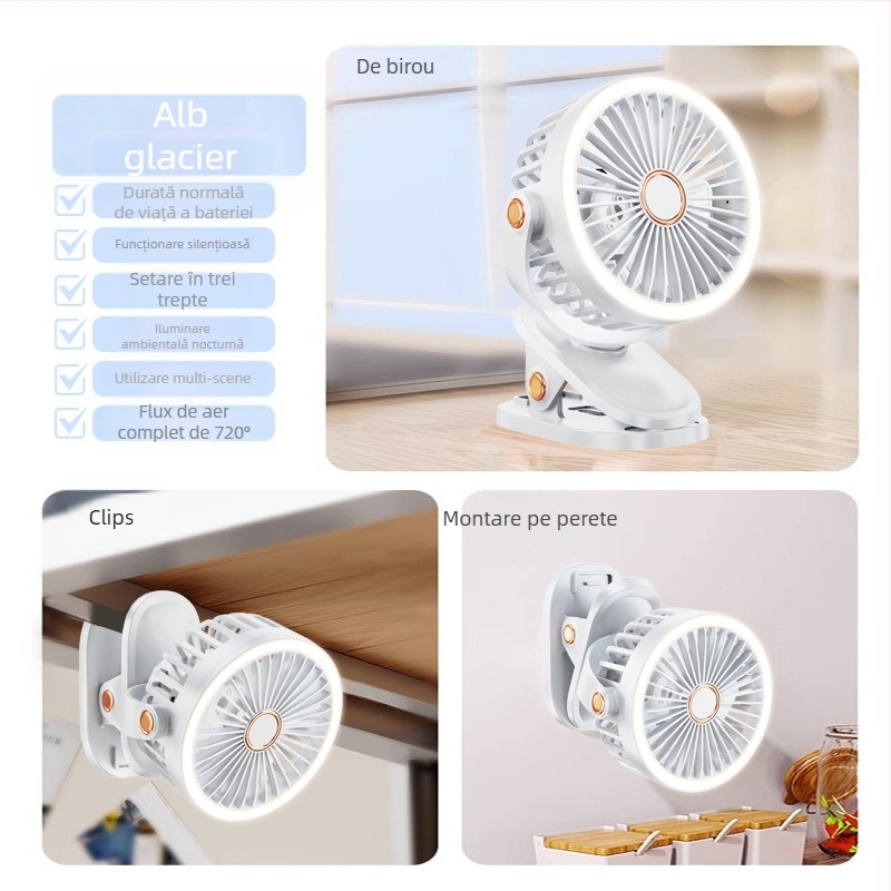 Ventilator tip clip USB cu baterie încorporată, 3 trepte, 3 palete