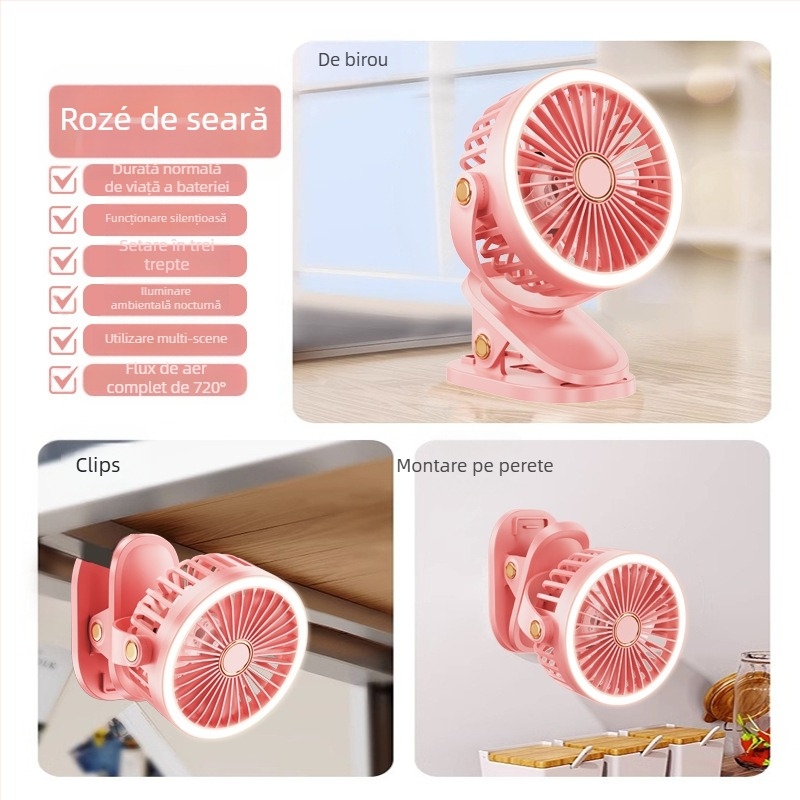 Ventilator tip clip USB cu baterie încorporată, 3 trepte, 3 palete