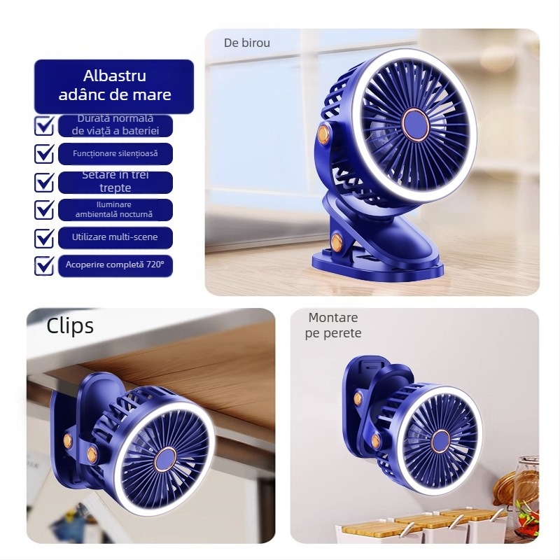 Ventilator tip clip USB cu baterie încorporată, 3 trepte, 3 palete