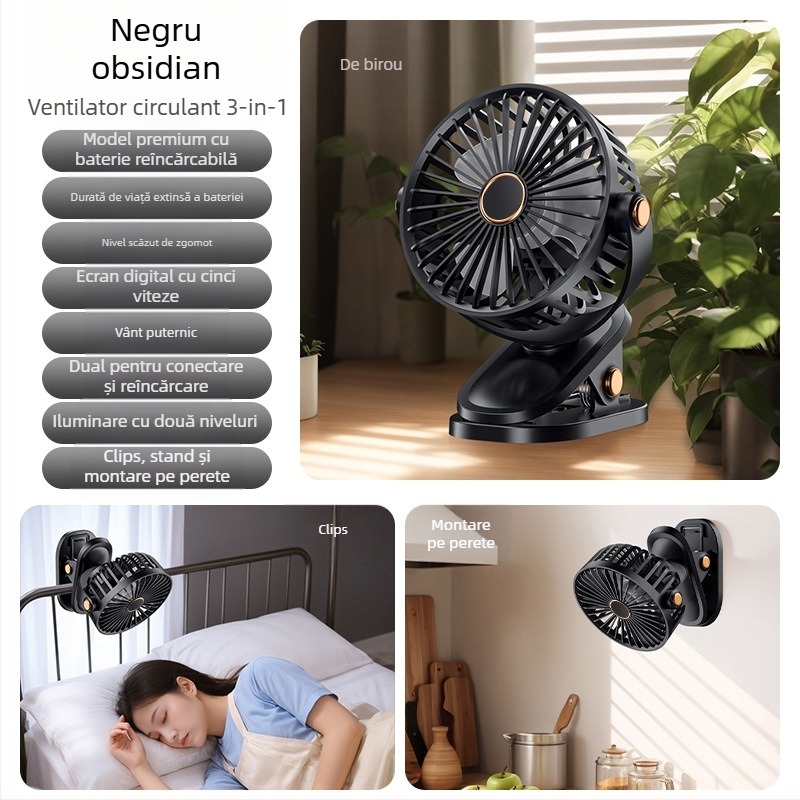 Ventilator tip clip USB cu baterie încorporată, 3 trepte, 3 palete