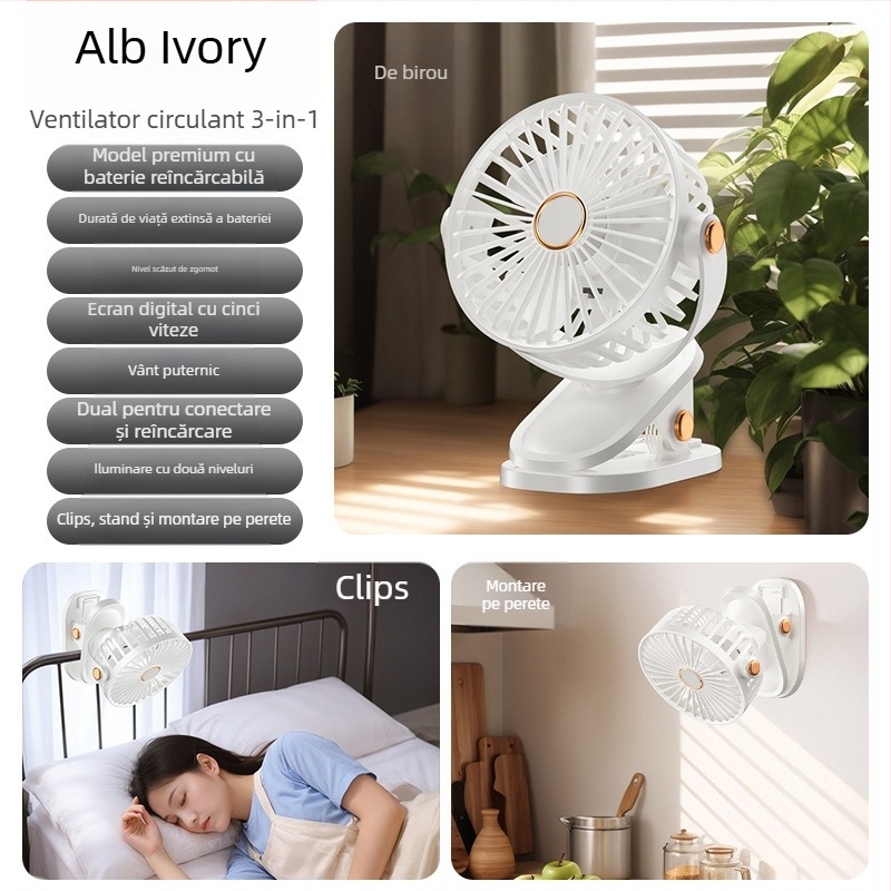 Ventilator tip clip USB cu baterie încorporată, 3 trepte, 3 palete