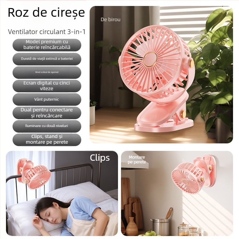 Ventilator tip clip USB cu baterie încorporată, 3 trepte, 3 palete