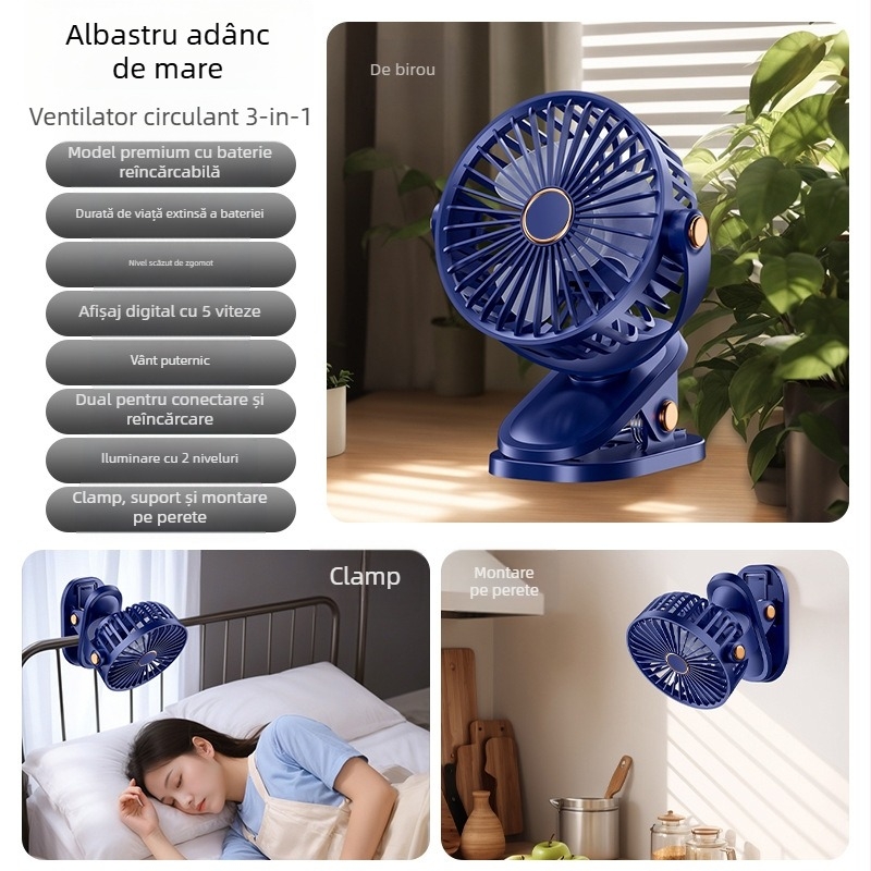 Ventilator tip clip USB cu baterie încorporată, 3 trepte, 3 palete