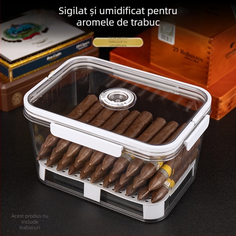 Cutie trabuc HANNICOOK – etanșă, rezistentă la umezeală și insecte, cu funcție de umidificare și maturare, cu mâner; materiale: PET/PP/siliconă; stil simplu