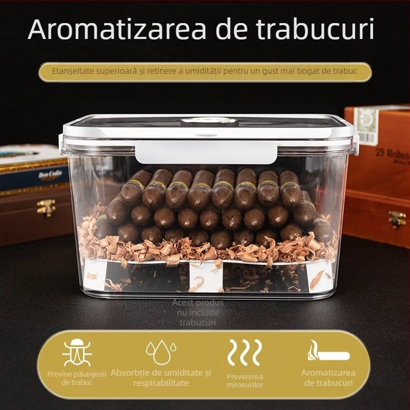 Cutie trabuc HANNICOOK – etanșă, rezistentă la umezeală și insecte, cu funcție de umidificare și maturare, cu mâner; materiale: PET/PP/siliconă; stil simplu