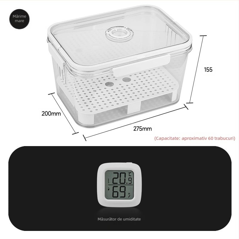 Cutie trabuc HANNICOOK – etanșă, rezistentă la umezeală și insecte, cu funcție de umidificare și maturare, cu mâner; materiale: PET/PP/siliconă; stil simplu