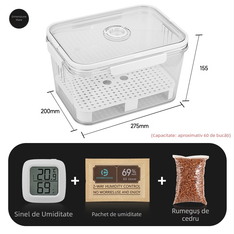 Cutie trabuc HANNICOOK – etanșă, rezistentă la umezeală și insecte, cu funcție de umidificare și maturare, cu mâner; materiale: PET/PP/siliconă; stil simplu