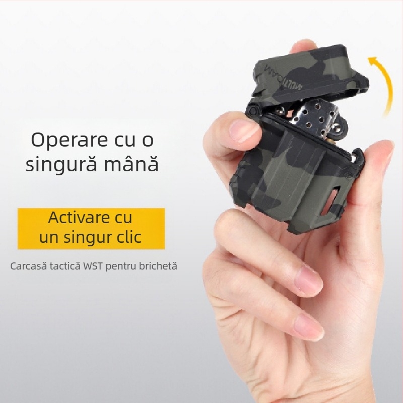 Carcasă universală pentru brichetă tactică outdoor — impermeabilă, rezistentă la șocuri, cu mecanism ZP interior, construcție din plastic, procesare personalizabilă