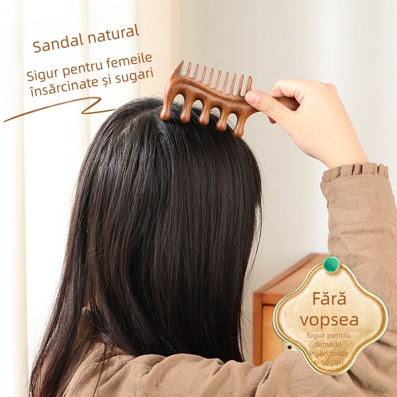 Pieptene din lemn de santal cu cinci dinți, cap rotund, masaj meridian al scalpului