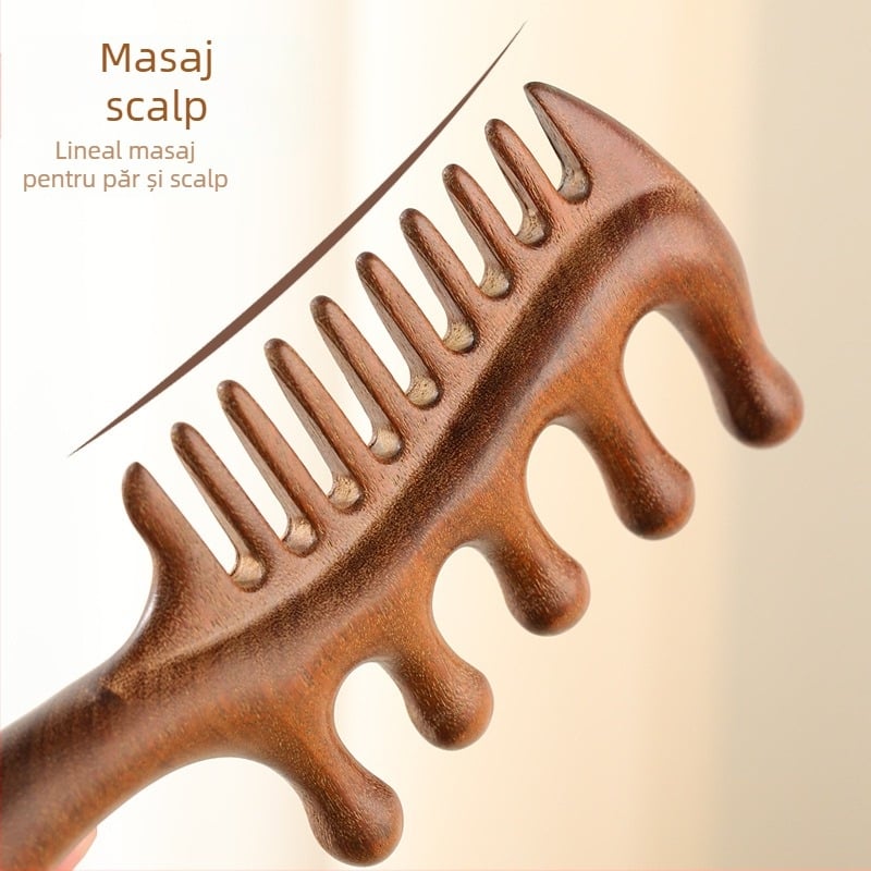 Pieptene din lemn de santal cu cinci dinți, cap rotund, masaj meridian al scalpului