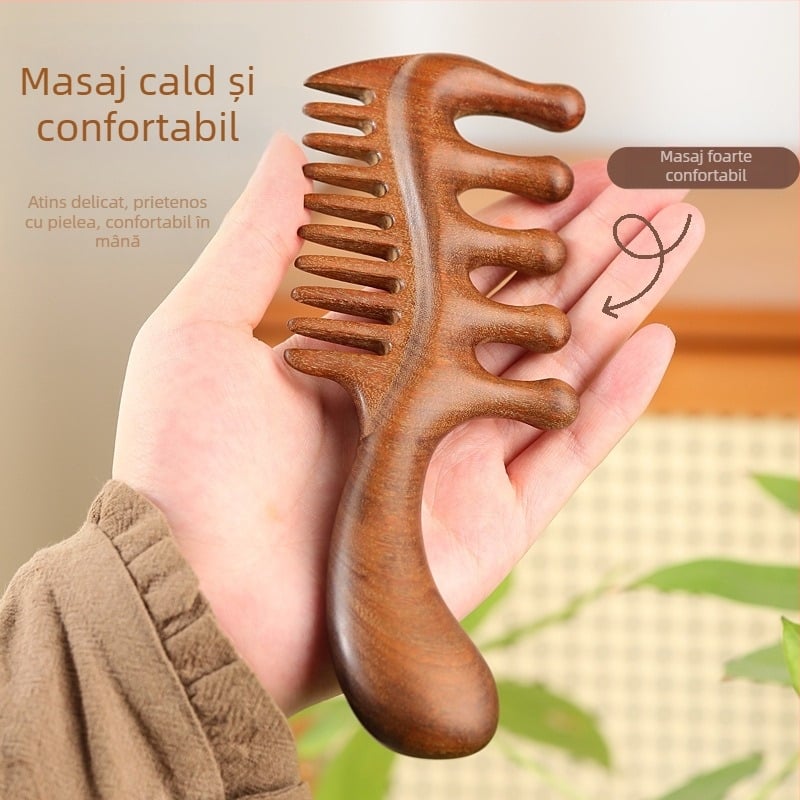 Pieptene din lemn de santal cu cinci dinți, cap rotund, masaj meridian al scalpului