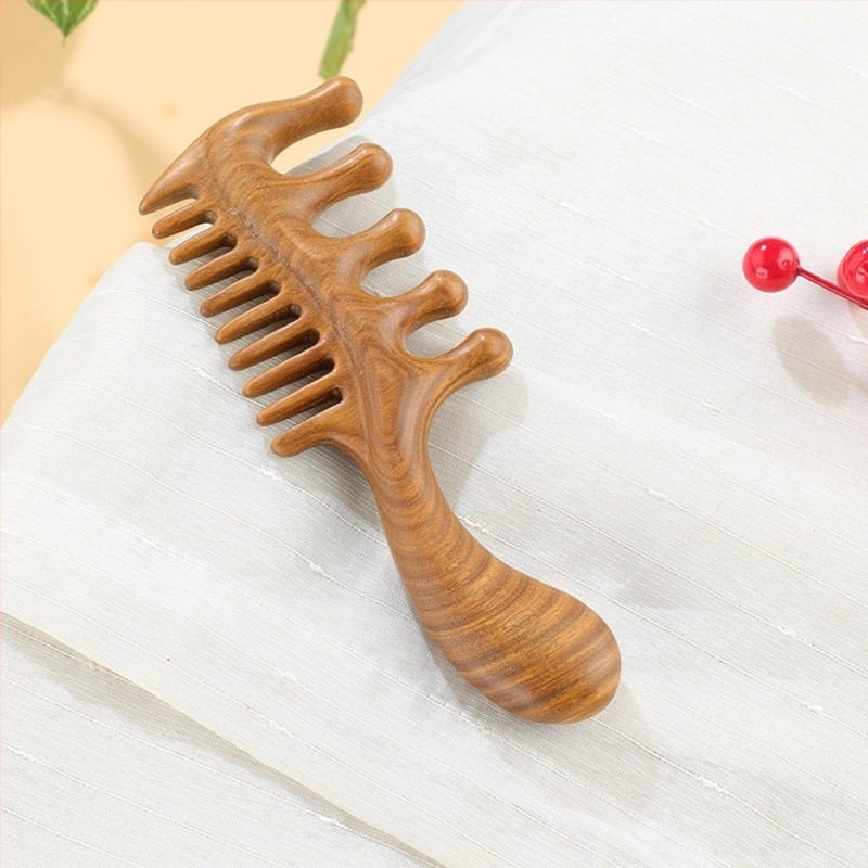Pieptene din lemn de santal cu cinci dinți, cap rotund, masaj meridian al scalpului