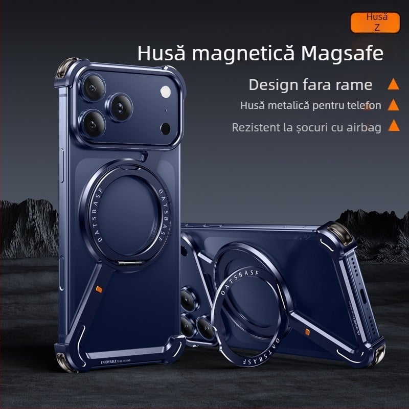 Husă pentru telefon cu cadru metalic și stand magnetic pentru Apple iPhone 17 Pro Max — prelucrat CNC, disipare căldură, rezistent la căderi, personalizabil