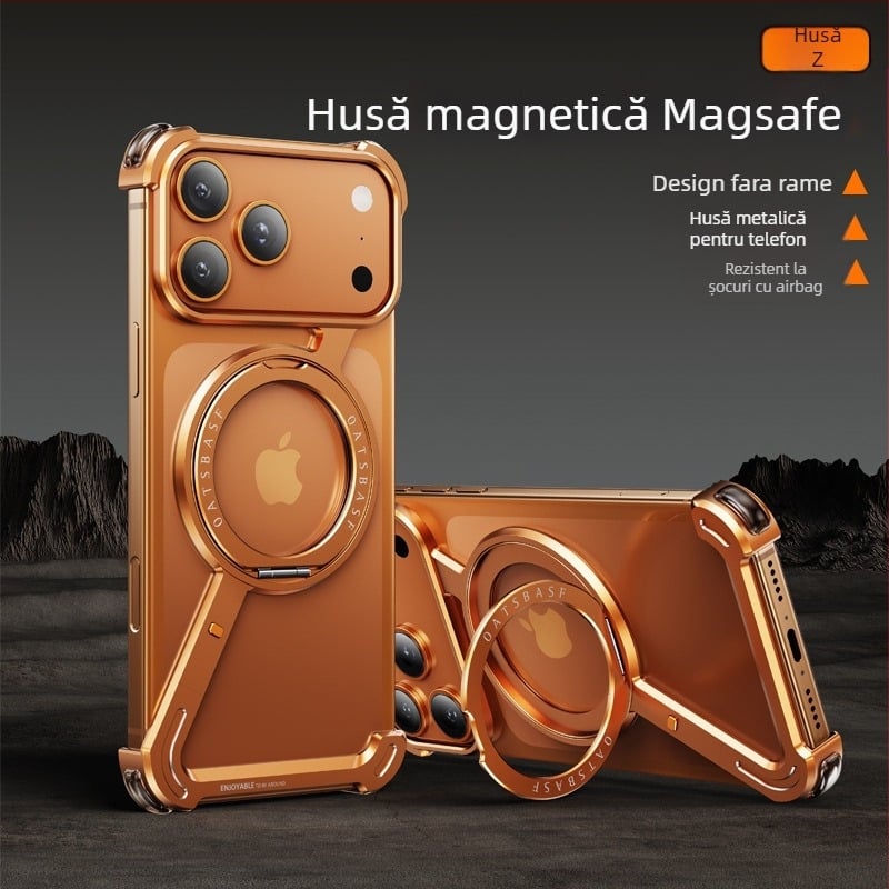 Husă pentru telefon cu cadru metalic și stand magnetic pentru Apple iPhone 17 Pro Max — prelucrat CNC, disipare căldură, rezistent la căderi, personalizabil