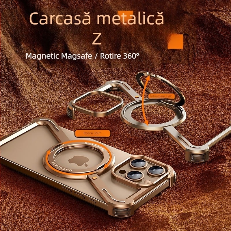 Husă pentru telefon cu cadru metalic și stand magnetic pentru Apple iPhone 17 Pro Max — prelucrat CNC, disipare căldură, rezistent la căderi, personalizabil
