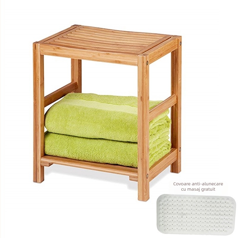 Scaun de baie din bambus-lemn Nanzhu, antiderapant, șezut îngroșat, cu spațiu de depozitare