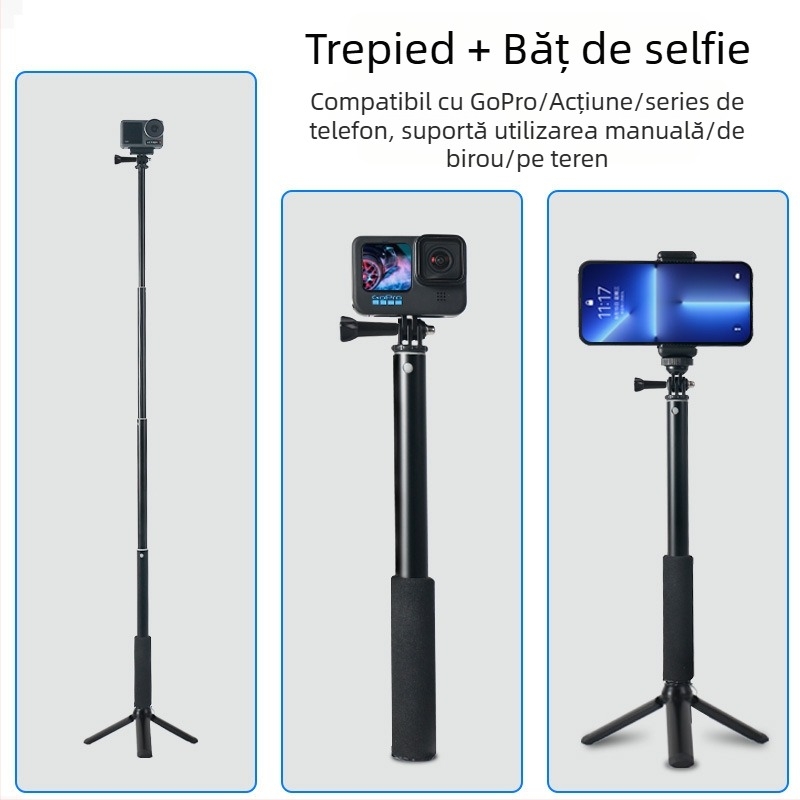 Selfie stick pentru camere de acțiune, aliaj de aluminiu, extensie telescopică, gimbal cu 3 axe, design cu cinci segmente, capacitate de încărcare până la 2 kg