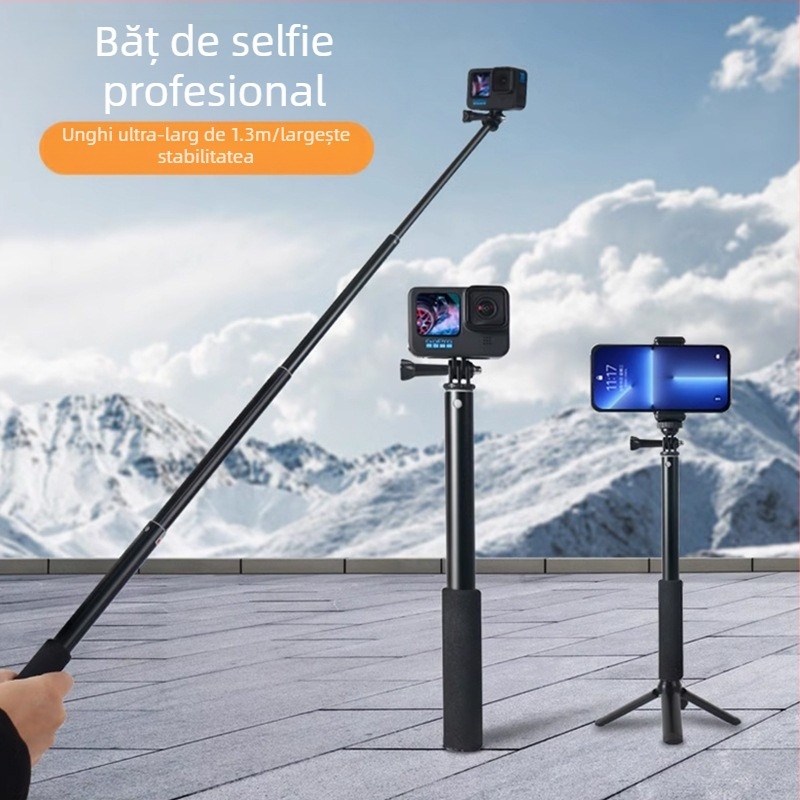 Selfie stick pentru camere de acțiune, aliaj de aluminiu, extensie telescopică, gimbal cu 3 axe, design cu cinci segmente, capacitate de încărcare până la 2 kg