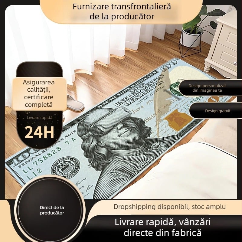 Covoraș de podea cu imprimat dolari – pătrat, antiderapant, pentru sufragerie, bucătărie și baie