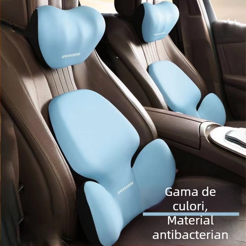 Perne auto pentru cap și suport lombar – umplutură cu spumă cu memorie, exterior din fibre sintetice, model alfanumeric, all-season