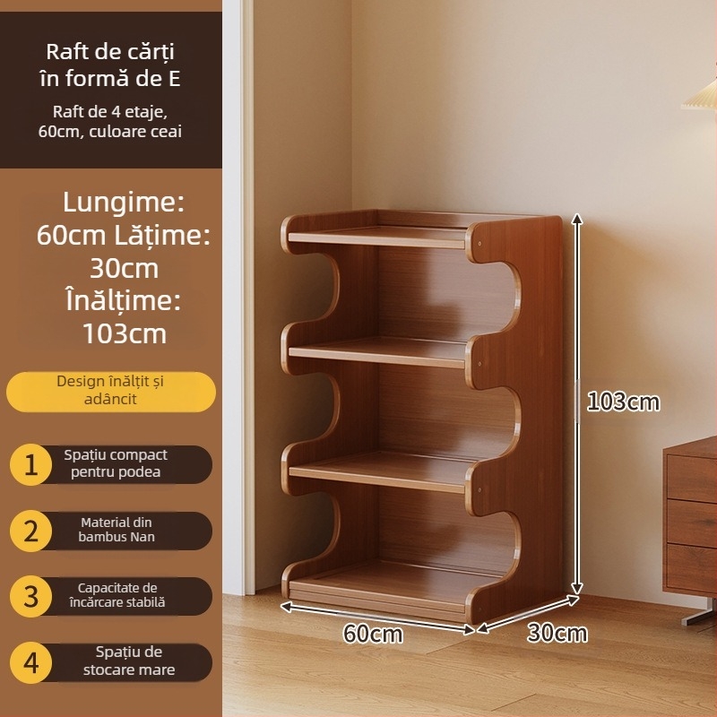 Bibliotecă cu mai multe etaje, pentru podea în living, bambus Nanzhu + MDF, modelul 568, stil modern minimalist, Haichuan