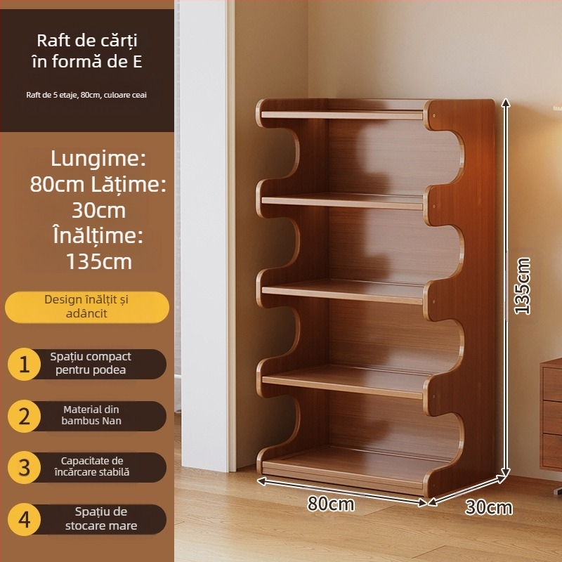 Bibliotecă cu mai multe etaje, pentru podea în living, bambus Nanzhu + MDF, modelul 568, stil modern minimalist, Haichuan