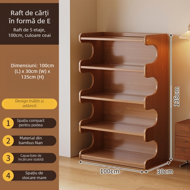 Bibliotecă cu mai multe etaje, pentru podea în living, bambus Nanzhu + MDF, modelul 568, stil modern minimalist, Haichuan