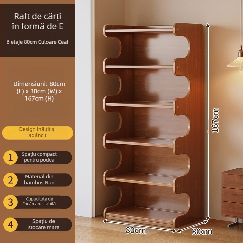 Bibliotecă cu mai multe etaje, pentru podea în living, bambus Nanzhu + MDF, modelul 568, stil modern minimalist, Haichuan