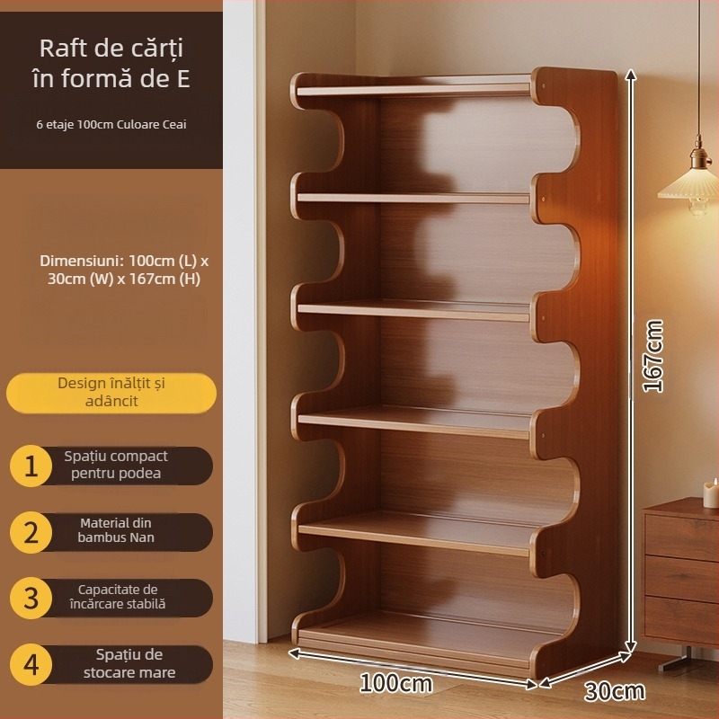 Bibliotecă cu mai multe etaje, pentru podea în living, bambus Nanzhu + MDF, modelul 568, stil modern minimalist, Haichuan