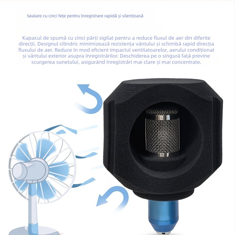 Microfon condensator cu protecție împotriva vântului și husă absorbantă pentru înregistrări acasă și streaming live — cardioid, 100 Hz–20 kHz, SNR ≥95 dB, Bluetooth 2.1