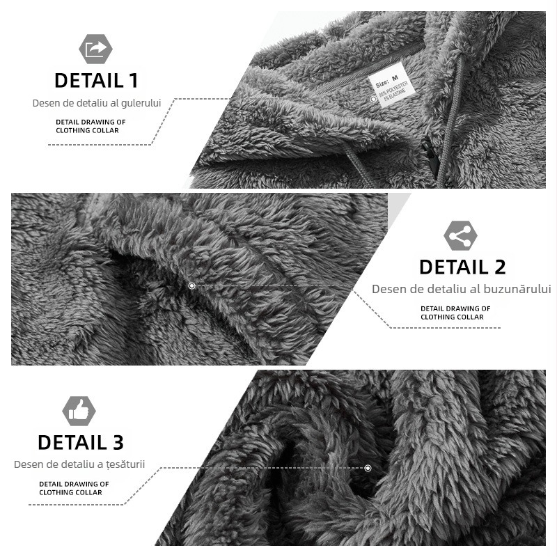 Geacă de bărbați cu glugă din fleece dublu față, fermoar, croială lejeră, poliester 95%