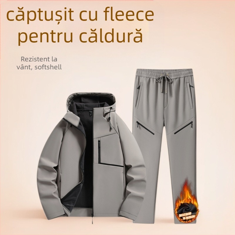 Geacă bărbați soft shell – glugă, impermeabilă și rezistentă la vânt, fermoar frontal, căptușeală din poliester, buzunare cu fermoare