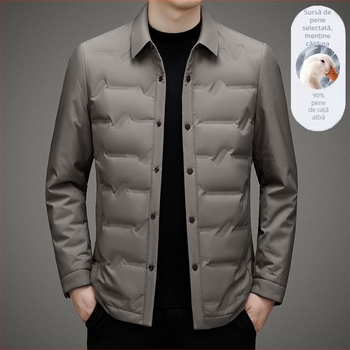 Jachetă ușoară din puf de gâscă alb, umplere 700, guler rever, fără glugă, închidere cu nasturi, pentru bărbați de vârstă mijlocie, iarnă 2024