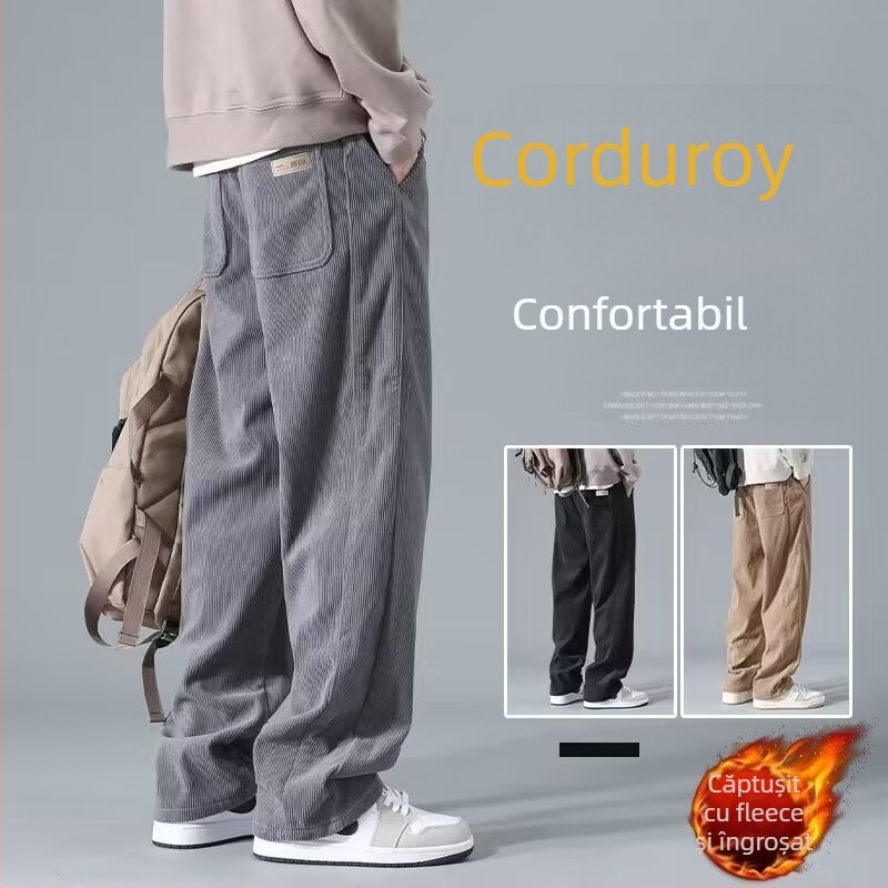 Pantaloni corduroy pentru bărbați, căptuți cu fleece, talie înaltă, croială dreaptă, pantaloni casual pentru toamnă-iarnă