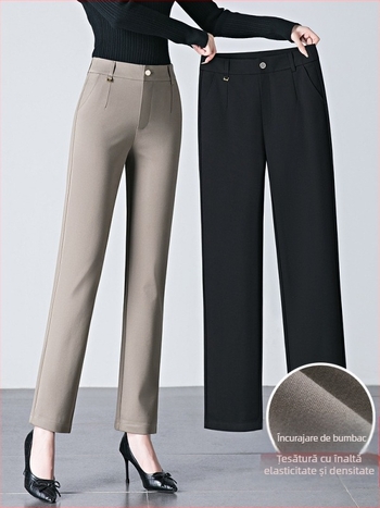 Pantaloni casual de damă cu croială dreaptă din bumbac brocat, cu nailon și viscose, talie înaltă, elasticitate ridicată, toamnă 2025