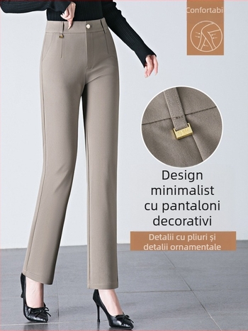 Pantaloni casual de damă cu croială dreaptă din bumbac brocat, cu nailon și viscose, talie înaltă, elasticitate ridicată, toamnă 2025