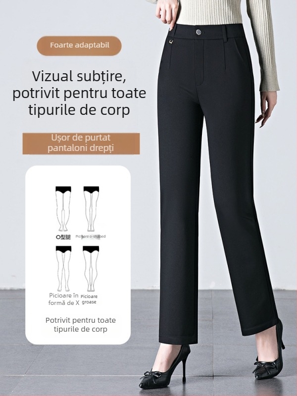 Pantaloni casual de damă cu croială dreaptă din bumbac brocat, cu nailon și viscose, talie înaltă, elasticitate ridicată, toamnă 2025