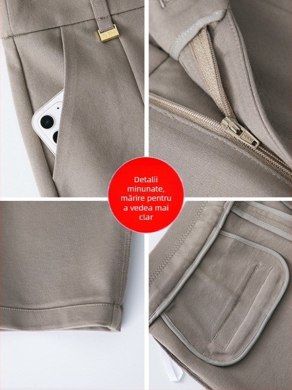 Pantaloni casual de damă cu croială dreaptă din bumbac brocat, cu nailon și viscose, talie înaltă, elasticitate ridicată, toamnă 2025