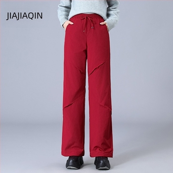 Pantaloni de iarnă pentru femei cargo, croială dreaptă, talie înaltă, țesătură 95% poliester, umplutură din puf de rață alb