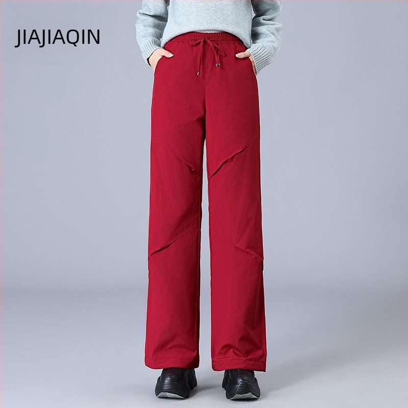 Pantaloni de iarnă pentru femei cargo, croială dreaptă, talie înaltă, țesătură 95% poliester, umplutură din puf de rață alb