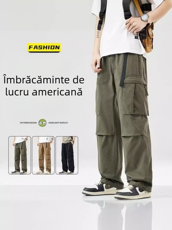 Pantaloni bărbați din 100% bumbac, croială dreaptă, talie medie, închidere cu șnur, confortabili pentru toate anotimpurile