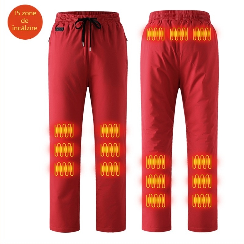 Pantaloni încălziți electric inteligenți, căptuți cu fleece, croială drept, talie medie, amestec din fibre de poliester