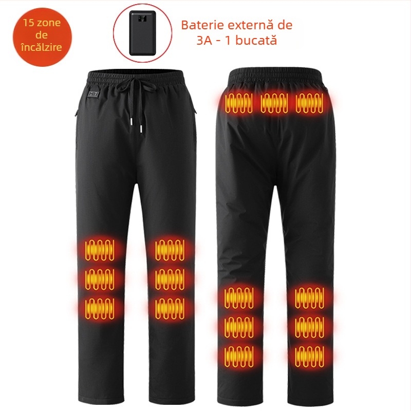 Pantaloni încălziți electric inteligenți, căptuți cu fleece, croială drept, talie medie, amestec din fibre de poliester
