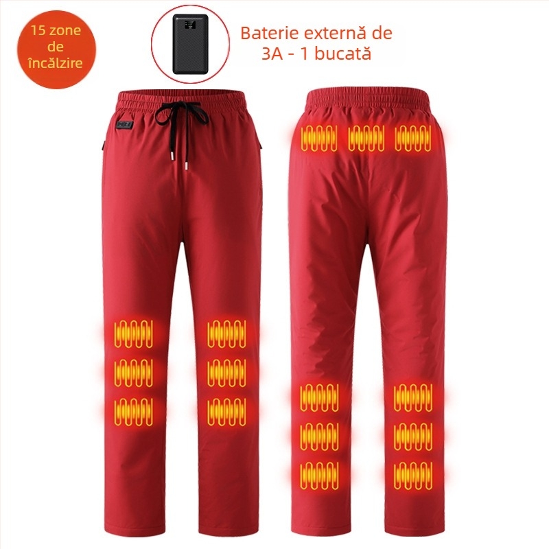 Pantaloni încălziți electric inteligenți, căptuți cu fleece, croială drept, talie medie, amestec din fibre de poliester