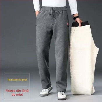 Pantaloni casual bărbați cu fleece, croială dreaptă lejeră, groși pentru toamnă și iarnă