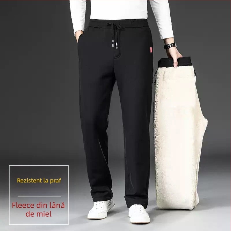 Pantaloni casual bărbați cu fleece, croială dreaptă lejeră, groși pentru toamnă și iarnă