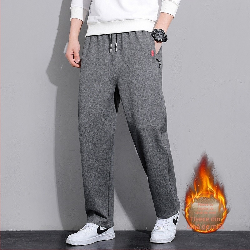 Pantaloni casual bărbați cu fleece, croială dreaptă lejeră, groși pentru toamnă și iarnă